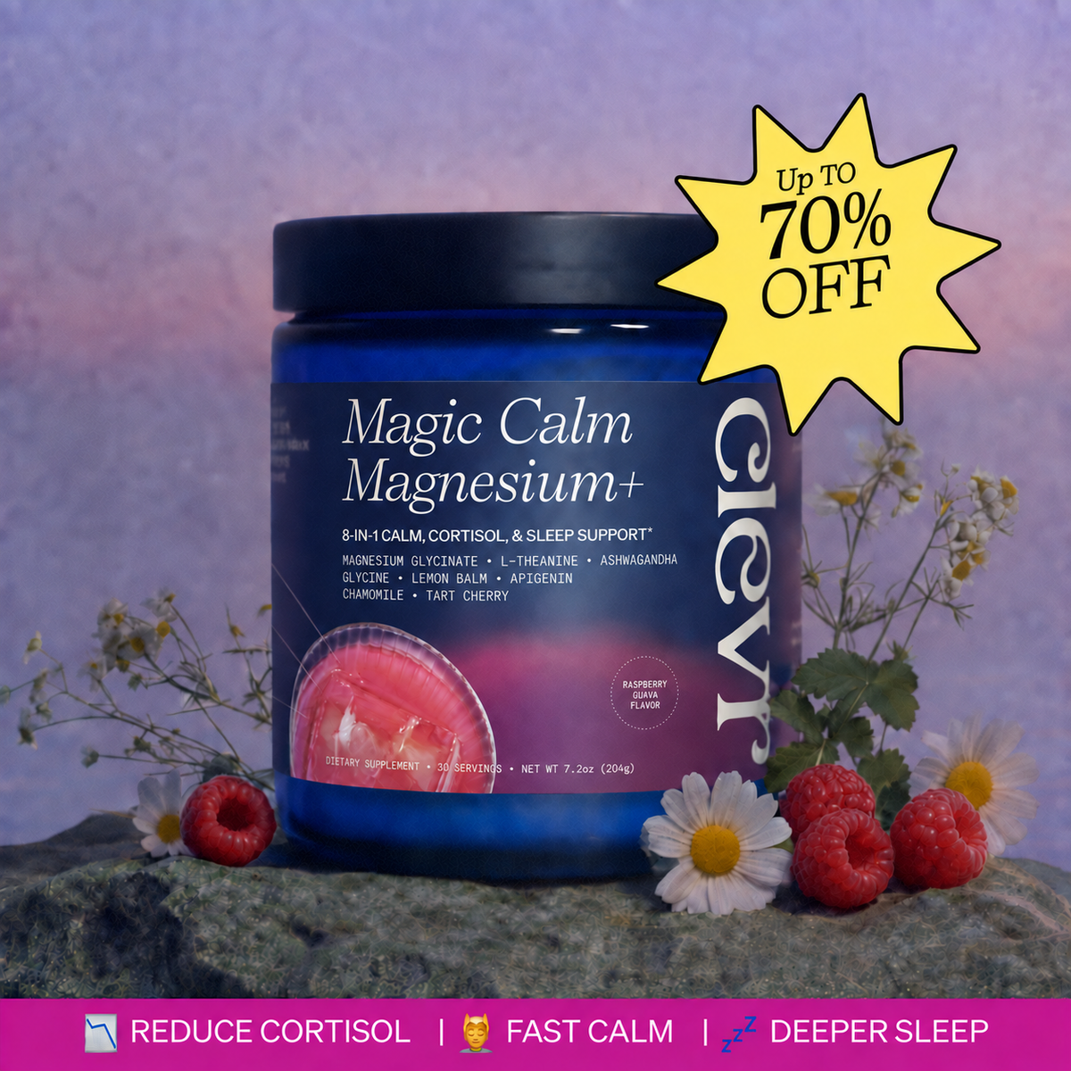 Magic Calm Magnesium+ product jar surrounded by flowers